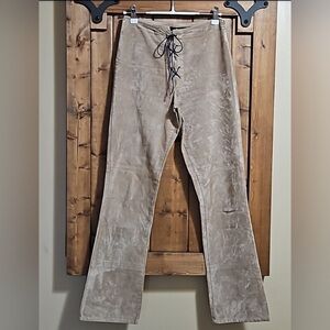 Y2K Dollhouse Tan Faux Suede Lace Up Flared Boho Festival Pants Size Small